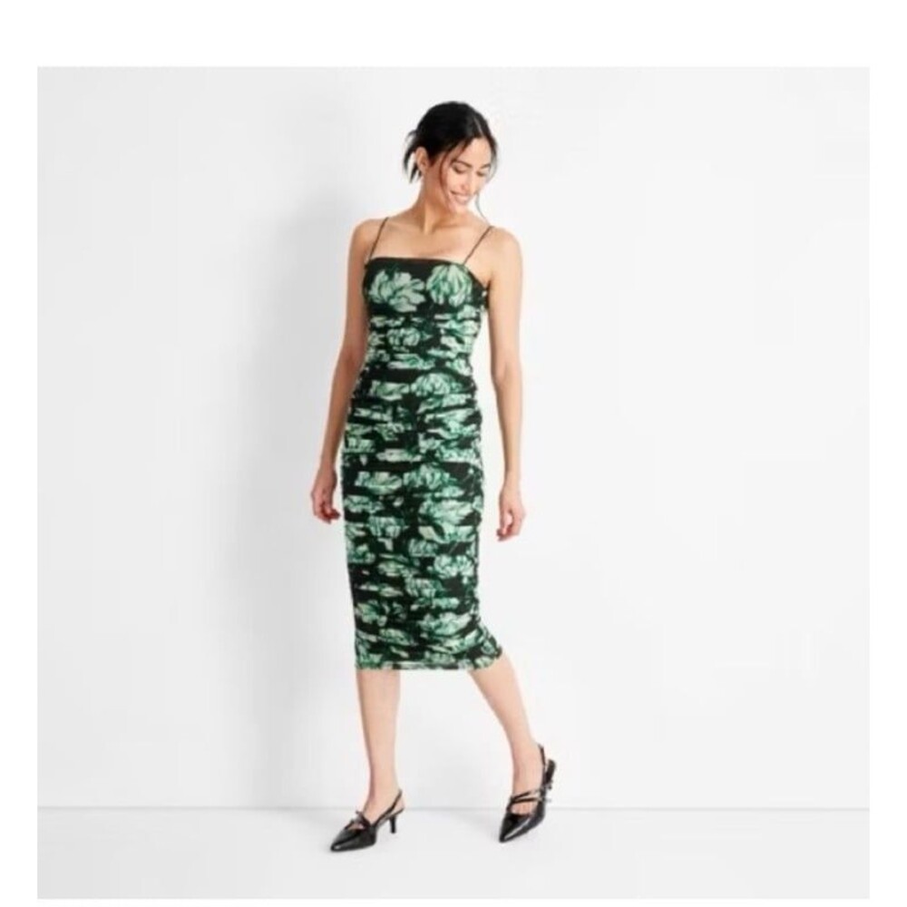 Green Tropical Print Midi Slip Dress